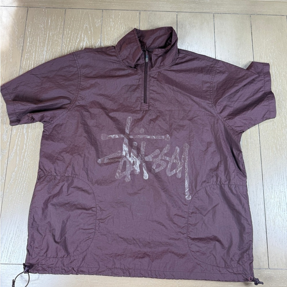 Stussy Warm Up Shell Jacket Mens‎ Small Burgundy Short Sleeve Nylon Quarter Zip